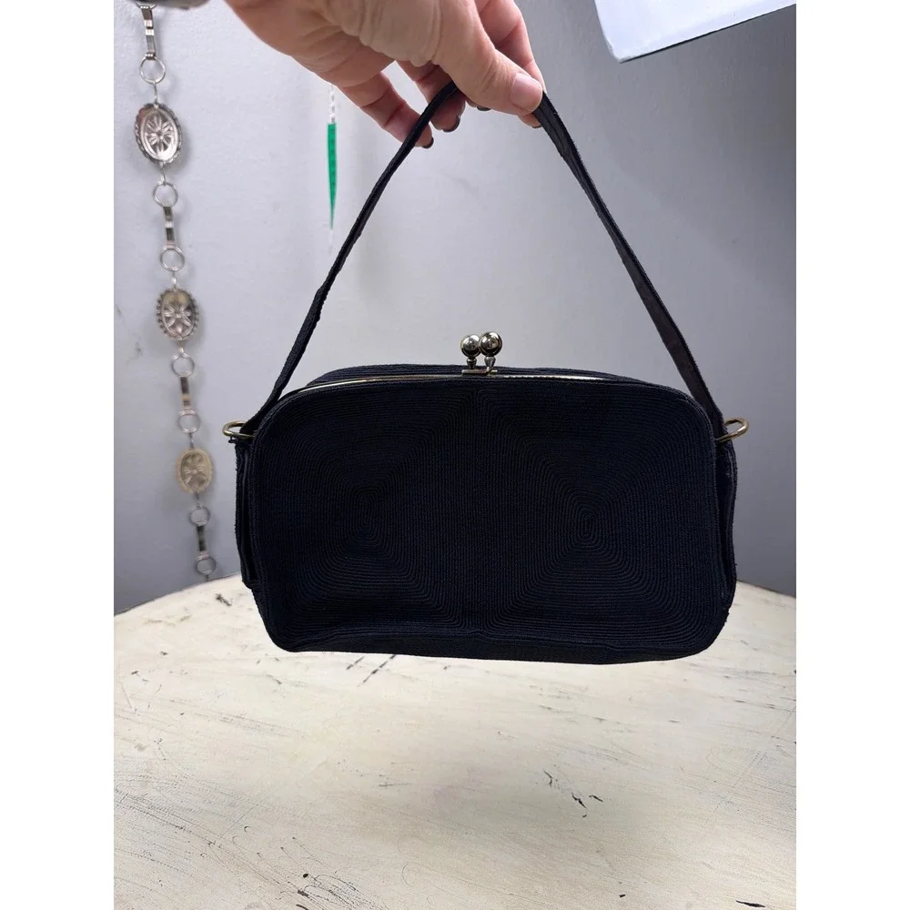 Genuine Corde Handbag Women‎ Small Navy Blue Vintage Kiss Lock Corded Bag VTG